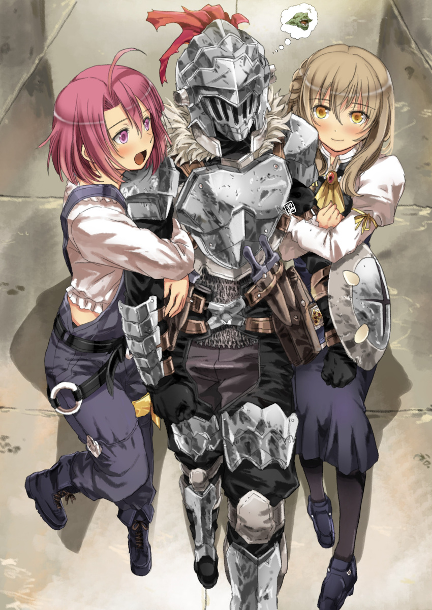 1boy 2girls absurdres ahoge arm_grab arm_hug armor armored_boots blonde_hair boots braid breastplate brown_hair buckler cow_girl_(goblin_slayer!) full_armor garimpeiro gauntlets gloves goblin goblin_slayer goblin_slayer! guild_girl_(goblin_slayer!) hair_over_shoulder helm helmet highres knight medium_hair multiple_girls overalls pink_eyes pink_hair shield shoulder_armor single_braid