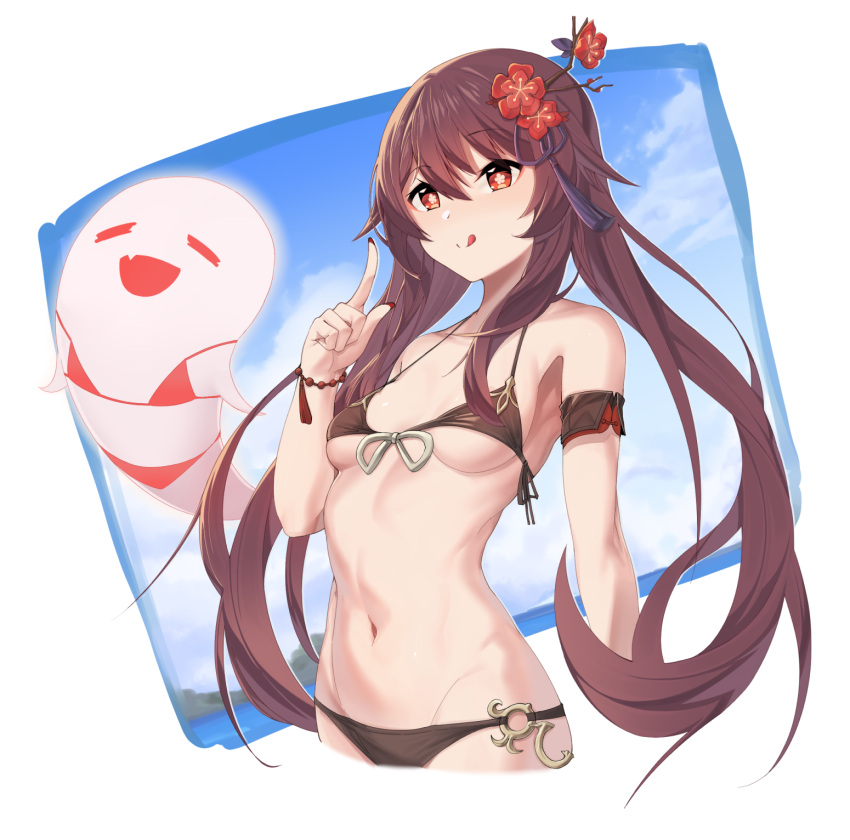 1girl :p bare_shoulders bead_bracelet beads bikini black_bikini blue_sky bow bowtie bracelet breasts brown_hair clouds commentary_request cropped_legs day fang flower genshin_impact ghost groin hair_flower hair_ornament halterneck highres hu_tao_(genshin_impact) index_finger_raised jewelry mung_(larnec) navel open_mouth outside_border plum_blossoms red_eyes revision sideboob sky small_breasts smile solo_focus star-shaped_pupils star_(symbol) stomach string_bikini swimsuit symbol-shaped_pupils tongue tongue_out twintails under_boob