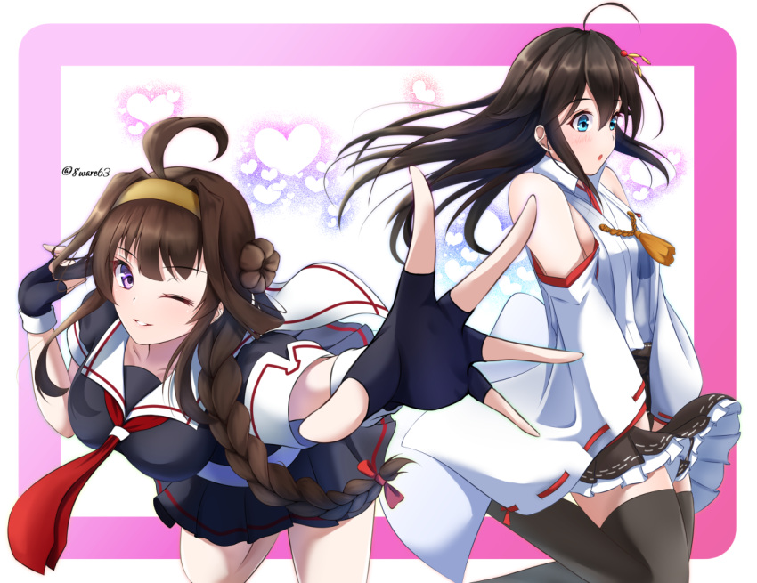 2girls ahoge black_gloves black_hair black_serafuku black_shirt black_skirt blue_eyes boots breasts brown_hair cosplay costume_switch detached_sleeves double_bun fingerless_gloves frilled_skirt frills gloves hachiware_(8ware63) hair_down hairband japanese_clothes kantai_collection kongou_(kancolle) kongou_(kancolle)_(cosplay) long_hair medium_breasts miniskirt multiple_girls neckerchief nontraditional_miko one_eye_closed pleated_skirt red_neckwear ribbon-trimmed_sleeves ribbon_trim school_uniform serafuku shigure_(kancolle) shigure_(kancolle)_(cosplay) shirt short_sleeves skirt small_breasts thigh-highs thigh_boots violet_eyes