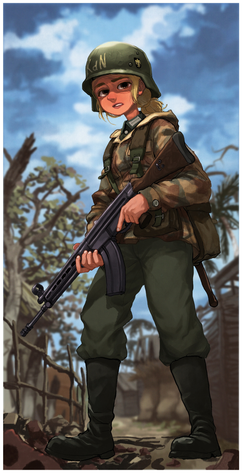 1girl absurdres backpack bag battle_rifle blonde_hair boots clouds cloudy_sky combat_boots day english_commentary full_body germany gun hearts_of_iron helmet highres holding holding_gun holding_weapon hood hood_down hooded_jacket jacket low_ponytail medium_hair military military_uniform rifle rifleman_(bjh8508) sky soldier solo standing trigger_discipline uniform war weapon world_war_ii