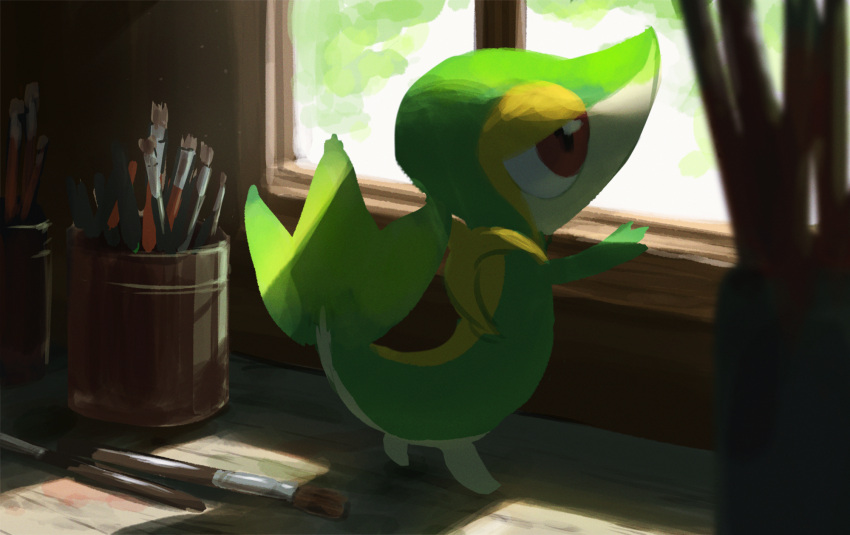 blurry brown_eyes commentary_request creature day gen_5_pokemon hand_up highres indoors looking_out_window no_humans one-hour_drawing_challenge paintbrush pokemon pokemon_(creature) pot rend snivy solo standing window