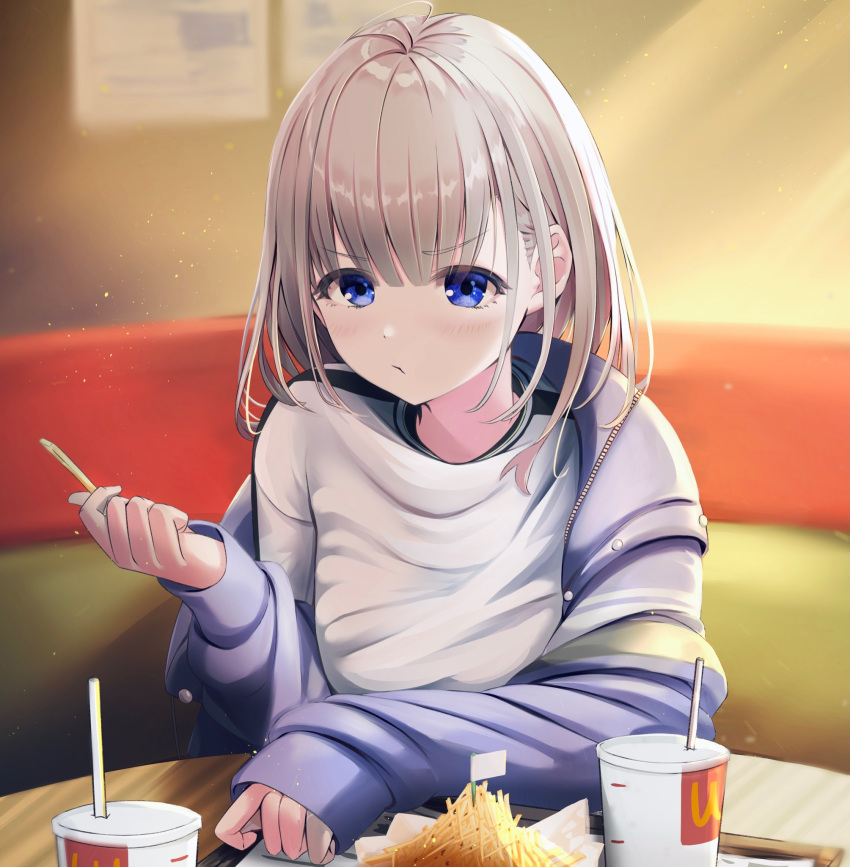 1girl bangs blue_eyes blurry blurry_background blush brand_name_imitation brown_hair closed_mouth commentary_request cup depth_of_field disposable_cup drinking_straw employee_uniform eyebrows_visible_through_hair fast_food_uniform food french_fries highres holding holding_food idolmaster idolmaster_shiny_colors indoors jacket long_sleeves looking_at_viewer mcdonald's mini_flag off_shoulder open_clothes open_jacket purple_jacket ryouta_(ryouta335) serizawa_asahi shirt sleeves_past_wrists solo uniform upper_body v-shaped_eyebrows white_shirt
