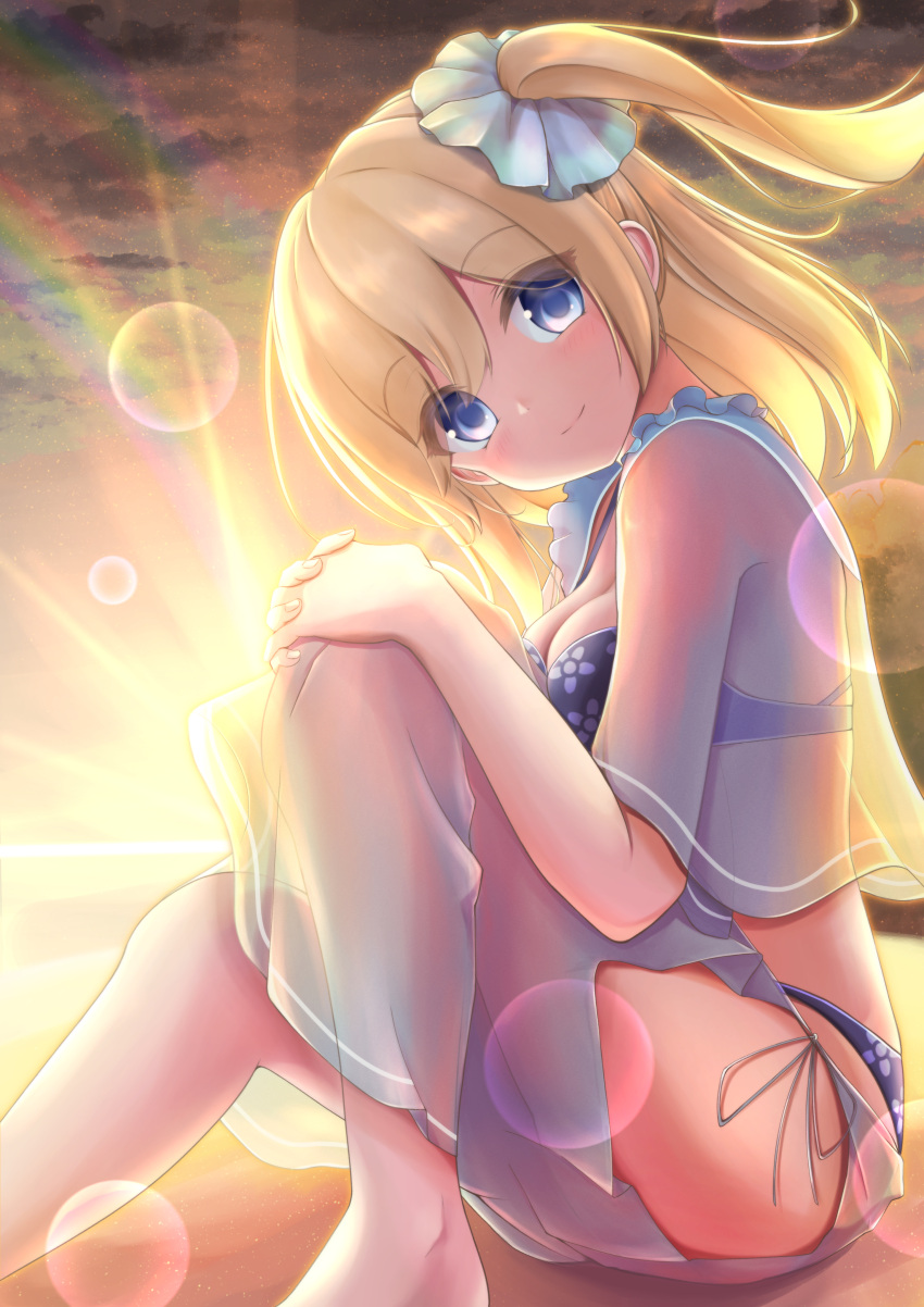 1girl above_clouds absurdres bangs bare_legs bare_shoulders beach blonde_hair blue_eyes blue_sky blue_swimsuit blush breasts clouds cloudy_sky day dress dress_shirt eyebrows_visible_through_hair hair_between_eyes hair_ornament highres holding looking_at_viewer messiah_&amp;_crea moe2021 original outdoors sand shirt short_hair sitting sky smile solo sunlight sunset swimsuit tail twintails