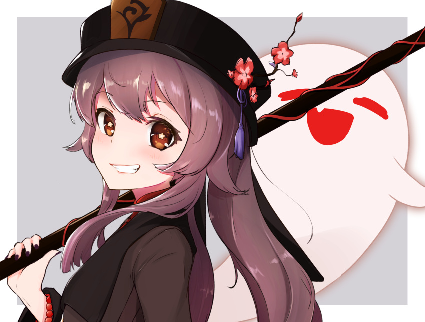1girl :d bead_bracelet beads black_headwear black_nails blush bracelet brown_eyes brown_hair closed_eyes commentary fang flower flower-shaped_pupils from_side genshin_impact ghost grin hand_up hat highres holding holding_polearm holding_weapon hu_tao jewelry long_hair long_sleeves looking_at_viewer nail_polish open_mouth polearm record42 red_flower revision smile symbol-shaped_pupils teeth weapon