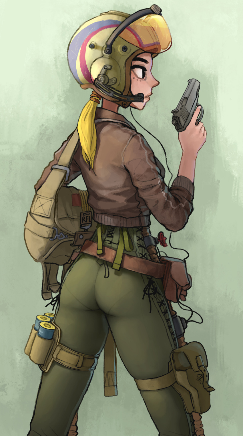 1girl absurdres ass bag bandolier belt_pouch blonde_hair bodysuit bomber_jacket brown_jacket cable commentary_request cross-laced_clothes duffel_bag english_commentary green_background green_bodysuit gun handgun headset helmet highres holding holding_gun holding_weapon holster jacket low_ponytail medium_hair military military_uniform mixed-language_commentary original pantylines pilot_suit pistol pouch rifleman_(bjh8508) skindentation solo standing thick_eyebrows thigh_holster trigger_discipline uniform visor_lift weapon