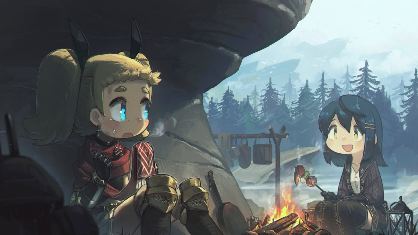 2girls absurdres armor blue_eyes blue_hair boots boulder campfire cressey_(porforever) fire forest freckles frying_pan gauntlets gloves hair_ornament hairclip highres jacket lantern looking_at_another medium_hair multiple_girls nature open_mouth original porforever red_scarf scarf skirt smile thigh-highs thigh_boots twintails yellow_eyes