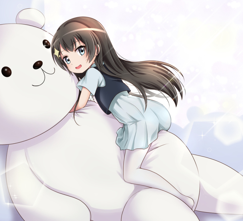 1girl ass black_shirt blue_dress blue_eyes brown_hair child dress from_side hair_ornament hairclip hug kagura_hikari long_hair looking_back object_hug open_mouth oversized_object pantyhose shirt shoujo_kageki_revue_starlight sleeveless sleeveless_shirt smile solo stuffed_animal stuffed_toy teddy_bear white_legwear yuetan_(ssvs73608)