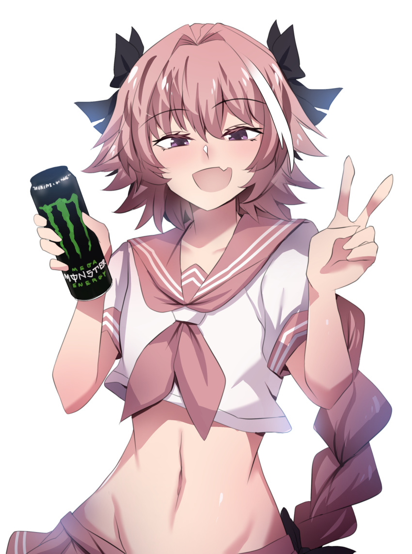 1boy :d absurdres astolfo_(fate) astolfo_monster_cosplay_(meme) black_bow blush bow braid braided_ponytail can collarbone commentary energy_drink english_commentary eyebrows_visible_through_hair fang fate/apocrypha fate/grand_order fate_(series) groin hair_between_eyes hair_bow hair_intakes hair_ornament hair_ribbon half-closed_eyes highres hinghoi holding holding_can long_braid long_hair looking_at_viewer male_focus meme merryweather midriff monster_energy multicolored_hair navel open_mouth otoko_no_ko pink_hair pink_neckwear pink_sailor_collar pink_skirt ribbon sailor_collar school_uniform serafuku shirt short_sleeves simple_background single_braid skin_fang skirt smile solo streaked_hair symbol_commentary upper_body v very_long_hair violet_eyes white_background white_shirt