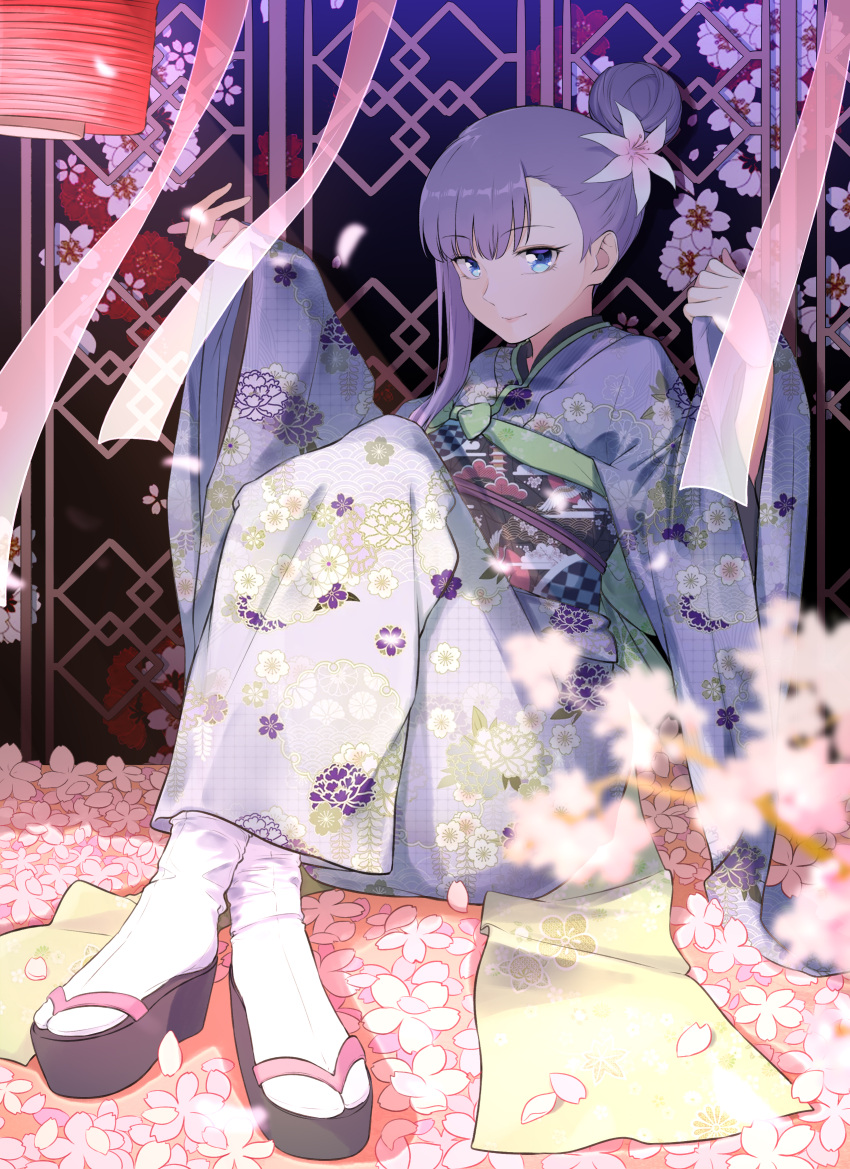 1girl absurdres bangs blue_eyes blush breasts coffeekite fate/extra fate/extra_ccc fate_(series) floral_print flower hair_bun hair_flower hair_ornament highres japanese_clothes kimono knees_up long_hair long_sleeves looking_at_viewer meltryllis_(fate) obi petals purple_hair purple_kimono sandals sash sitting small_breasts smile wide_sleeves