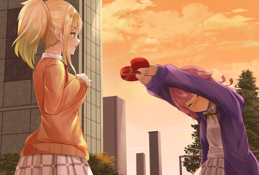 2girls absurdres blonde_hair blush box building bush closed_eyes clouds commentary evening fence heart-shaped_box highres holding holding_box jacket long_hair love_live! love_live!_nijigasaki_high_school_idol_club medium_hair miyashita_ai multiple_girls nijigasaki_academy_uniform offering outdoors pink_hair ponytail skirt sky sunset tennouji_rina tree valentine yellow_eyes yuri zado