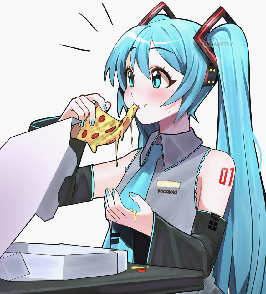 1girl absurdres aqua_eyes aqua_hair aqua_nails aqua_neckwear arm_tattoo blush cheese cheese_trail detached_sleeves dripping eating english_commentary fingernails food food_on_face hatsune_miku headphones highres holding holding_food holding_pizza kumaartsu long_hair messy necktie pepperoni pizza pizza_box pizza_slice solo sweatdrop tattoo twintails upper_body very_long_hair vocaloid wide_sleeves