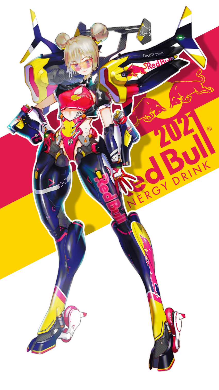 1girl 2021 absurdres bangs blonde_hair blue_eyes double_bun fang gloves hand_on_hip highres ke_yukikaze logo looking_at_viewer mecha_musume mechanical_legs mechanical_wings open_hand open_mouth original red_bull red_gloves science_fiction solo spoiler_(automobile) standing sunglasses wings