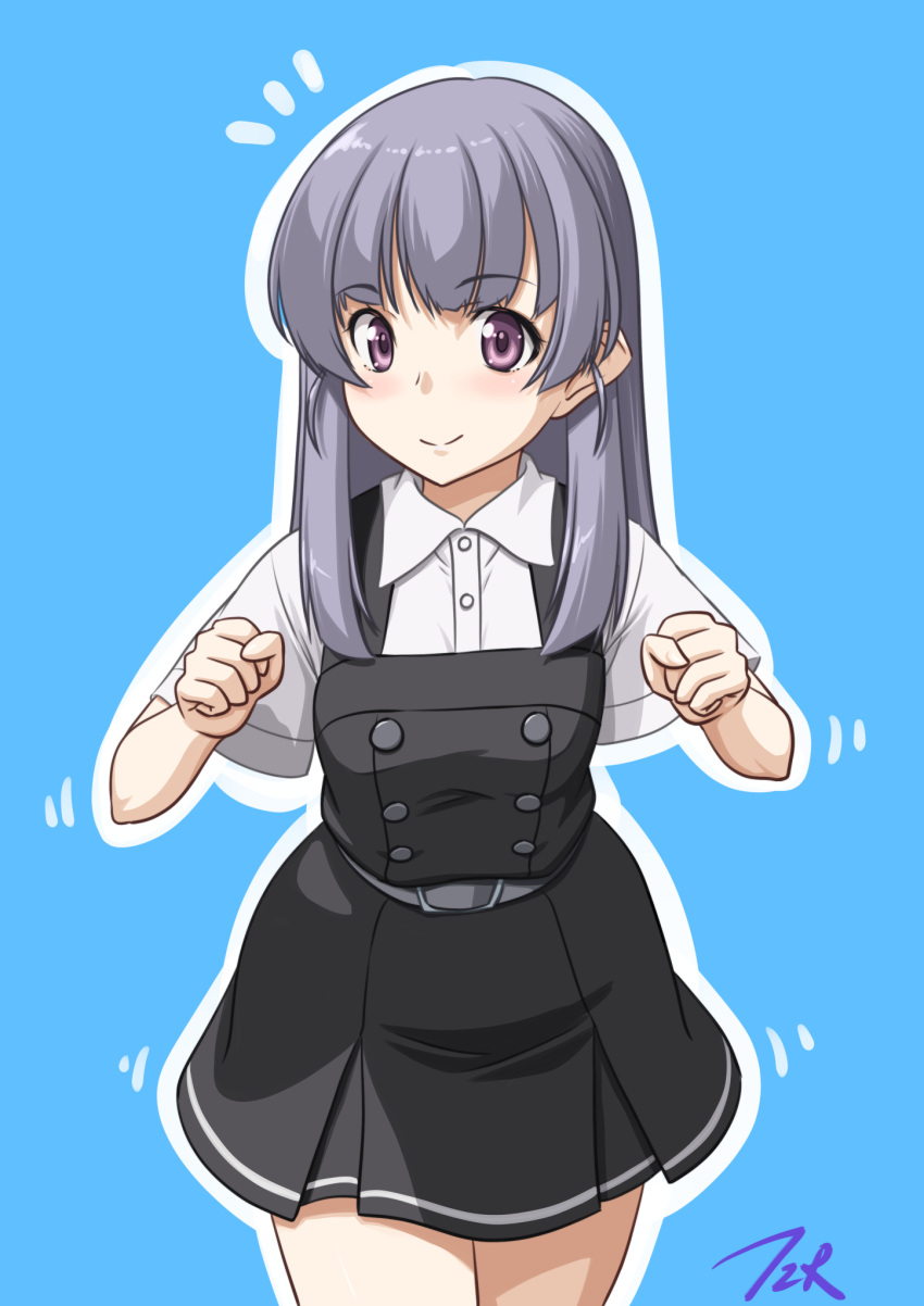 1girl alternate_hair_length alternate_hairstyle alternate_sleeve_length artist_name belt blue_background commentary_request cowboy_shot dress grey_hair hair_down highres kantai_collection long_hair looking_at_viewer ooshio_(kancolle) pinafore_dress remodel_(kantai_collection) shirt short_sleeves sleeveless sleeveless_dress solo t2r white_shirt