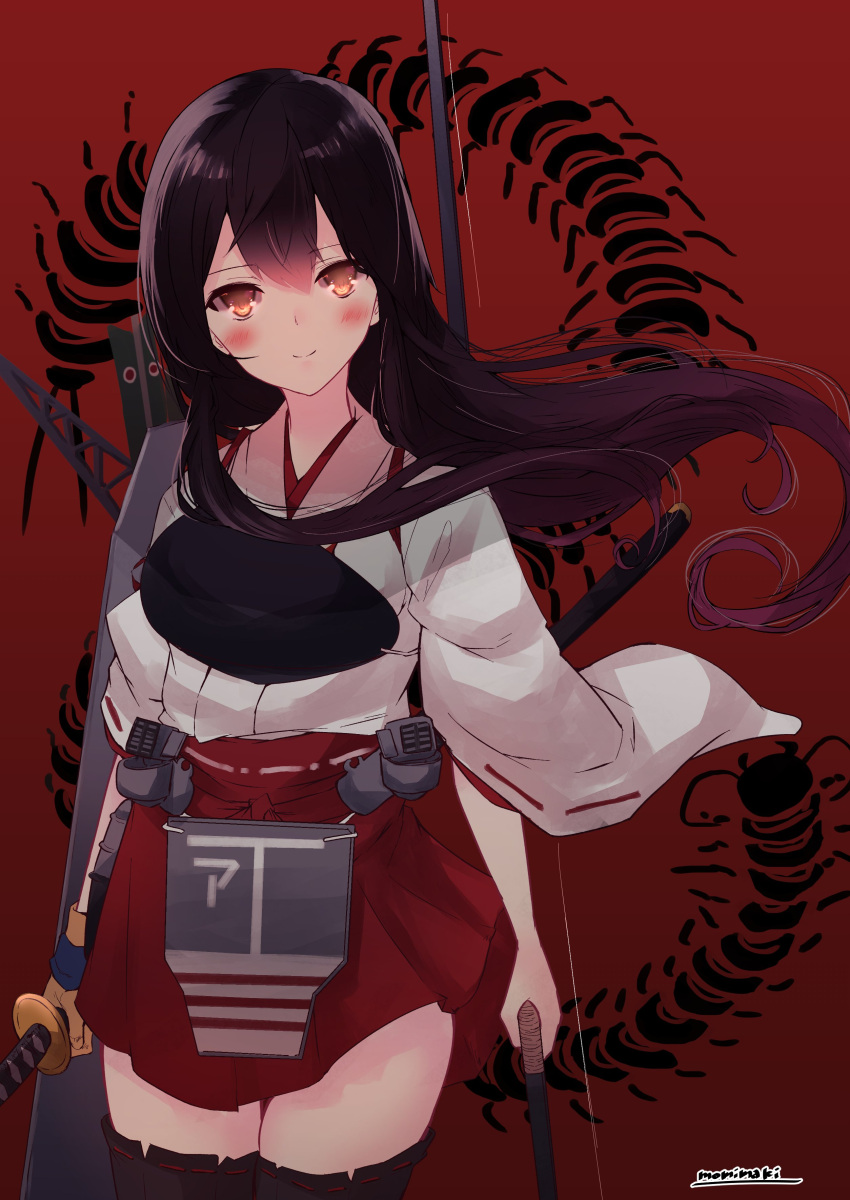 1girl absurdres akagi_(kancolle) black_hair black_legwear bow_(weapon) brown_gloves cowboy_shot flight_deck gloves hakama hakama_skirt highres japanese_clothes kantai_collection long_hair momiji_(103) muneate orange_eyes partially_fingerless_gloves red_hakama remodel_(kantai_collection) single_glove solo standing sword tasuki thigh-highs weapon yugake