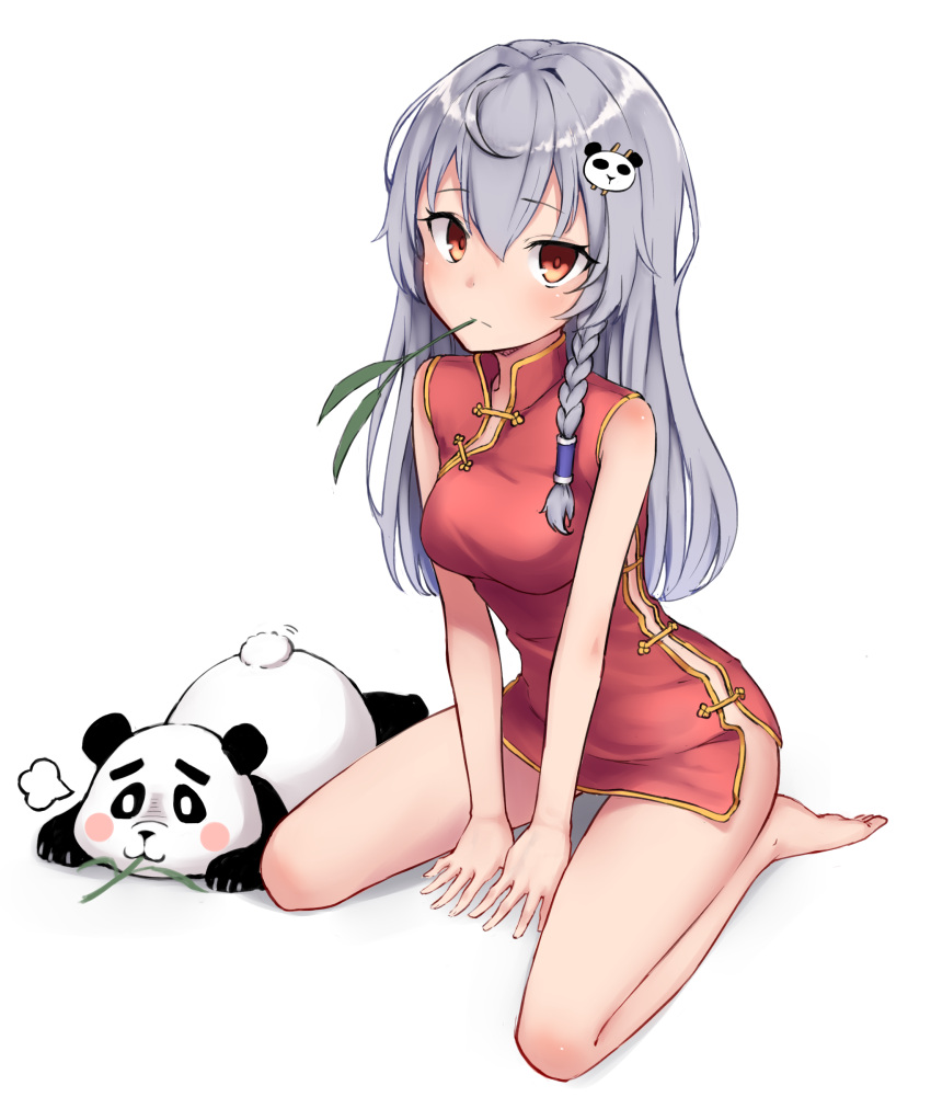 1girl absurdres bare_arms bare_shoulders barefoot between_legs braid breasts china_dress chinese_clothes dress gold_trim grey_hair hair_ornament highres long_hair looking_at_viewer medium_breasts mouth_hold original panda red_dress red_eyes ryuinu seiza side_cutout simple_background sitting sleeveless sleeveless_dress solo thighs white_background