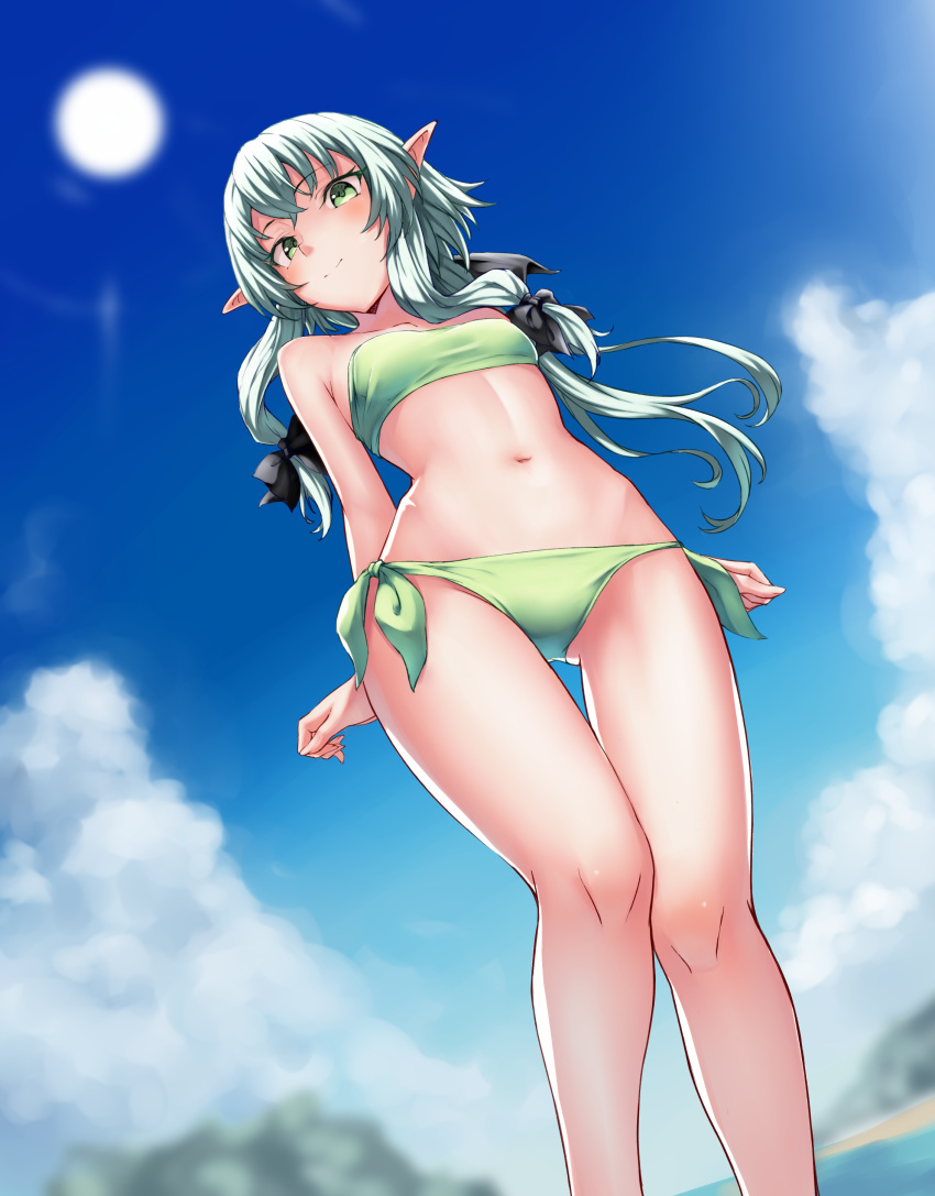 1girl absurdres bare_arms bare_shoulders bikini black_bow blue_sky bow clouds day elf from_below goblin_slayer! green_bikini green_eyes green_hair hair_bow high_elf_archer_(goblin_slayer!) highres long_hair looking_at_viewer navel outdoors pointy_ears ryuinu side-tie_bikini sky smile solo standing sun swimsuit thigh_gap