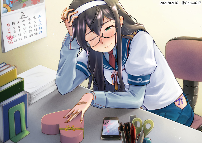 1girl bandaid bandaid_on_hand black_hair blue_sailor_collar book bookend box calendar_(object) cellphone chair chiwa_(chiwa0617) commentary_request cowboy_shot dated desk glasses green_eyes hairband heart heart-shaped_box highres hip_vent kantai_collection long_hair neckerchief one_eye_closed ooyodo_(kancolle) paper_stack pen phone red_neckwear sailor_collar school_uniform scissors semi-rimless_eyewear serafuku sitting smartphone solo table twitter_username under-rim_eyewear white_hairband