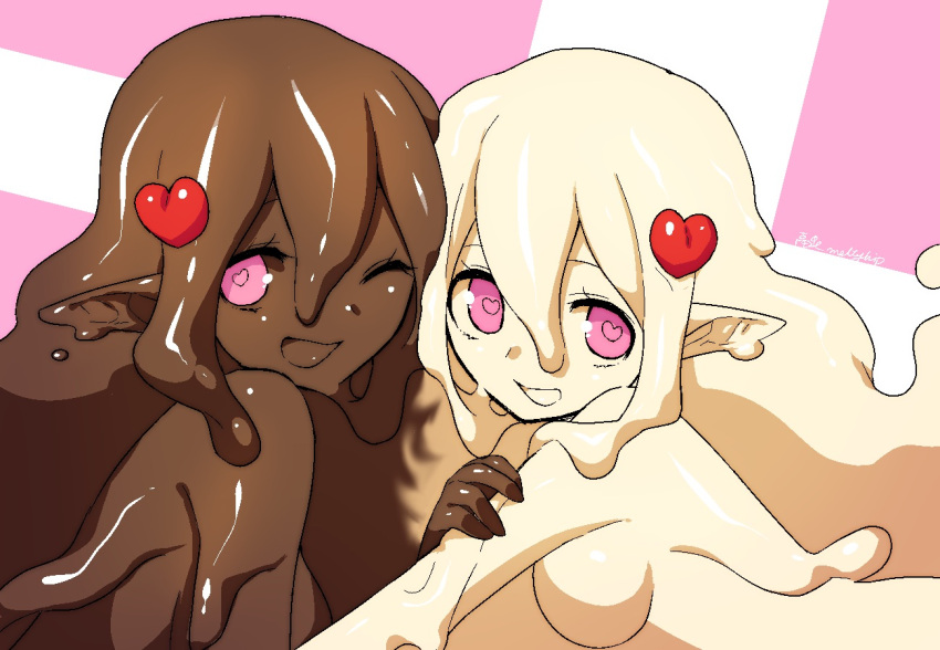 2girls :d akira_(meltyhip) blonde_hair breasts brown_hair brown_sclera colored_sclera colored_skin completely_nude dark_skin from_side hair_ornament hair_over_one_eye heart heart-shaped_pupils heart_hair_ornament hug long_hair looking_at_viewer looking_to_the_side medium_breasts melting monster_girl multiple_girls nude one_eye_covered open_mouth original pink_eyes pointy_ears signature slime_girl smile symbol-shaped_pupils yellow_sclera yellow_skin