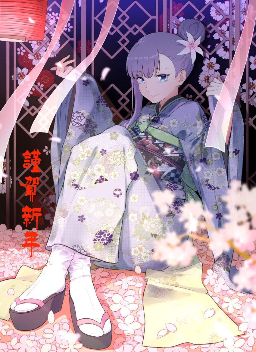 1girl absurdres bangs blue_eyes blush breasts coffeekite fate/extra fate/extra_ccc fate_(series) floral_print flower hair_bun hair_flower hair_ornament highres japanese_clothes kimono knees_up long_hair long_sleeves looking_at_viewer meltryllis_(fate) obi petals purple_hair purple_kimono sandals sash sitting small_breasts smile translation_request wide_sleeves