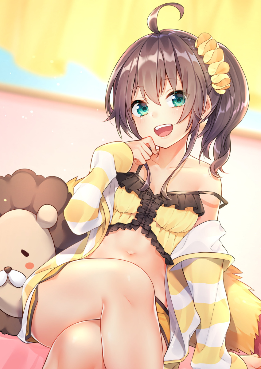 1girl :d absurdres ahoge aqua_eyes bare_shoulders breasts brown_hair camisole collarbone crop_top crossed_legs ebi_frion_(natsuiro_matsuri) frilled_shirt frills hair_ornament hair_scrunchie hand_up highres hololive jacket kitazume_kumie long_hair long_sleeves looking_at_viewer micro_shorts midriff natsuiro_matsuri navel off_shoulder open_clothes open_jacket open_mouth orange_shorts scrunchie shirt short_shorts shorts side_ponytail side_slit sidelocks sitting sleeveless sleeveless_shirt small_breasts smile solo stomach strap_slip striped_jacket stuffed_animal stuffed_toy thighs yellow_shirt