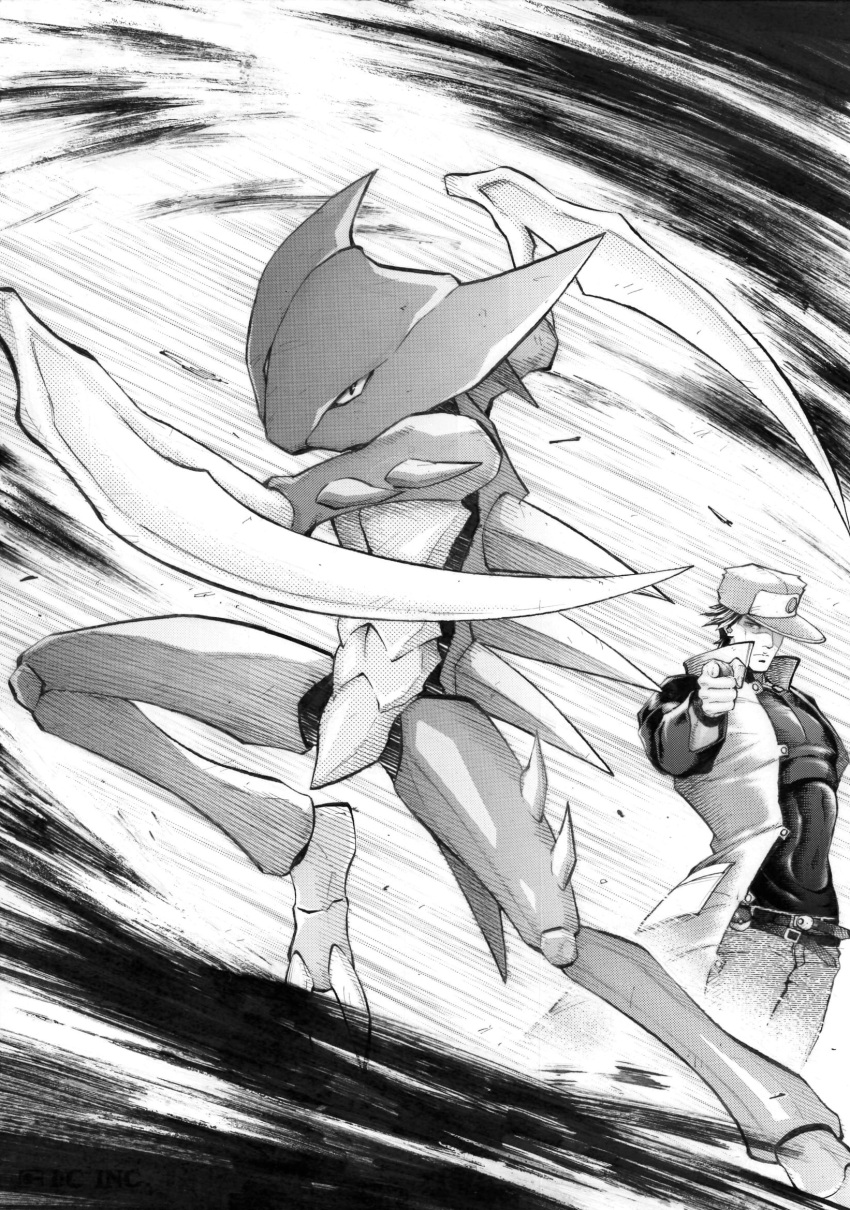 1boy attack baseball_cap claws coat commentary_request gen_1_pokemon greyscale hat highres itou_g-tarou kabutops monochrome pants pointing_at_another poke_ball pokemon pokemon_(creature) red_(pokemon) shirt short_hair skin_tight sleeveless_coat speed_lines standing