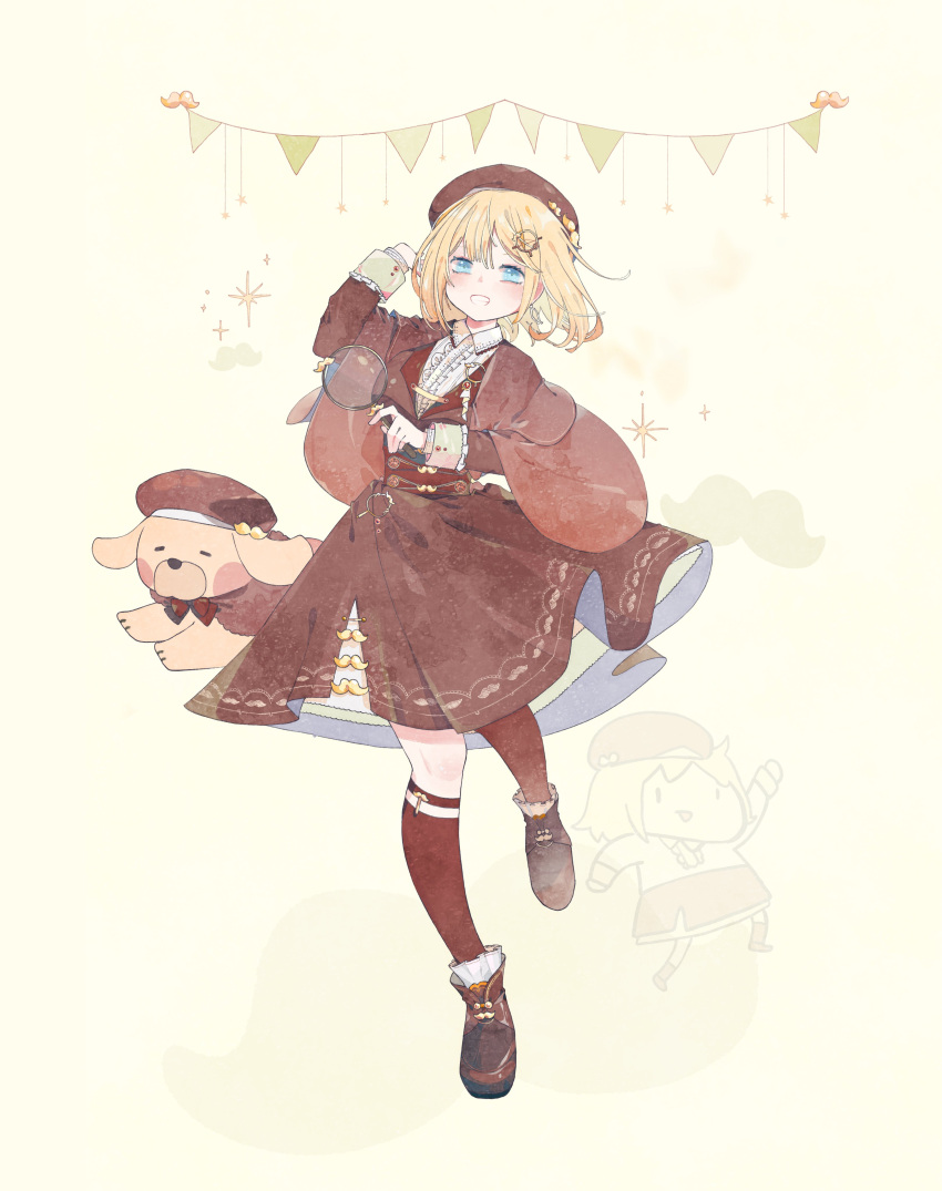 1girl absurdres alternate_costume bangs beret blonde_hair blue_eyes blush brown_dress brown_headwear bubba_(watson_amelia) capelet dog dress fuzi_(fuzi3205) hat highres holding_magnifying_glass hololive hololive_english kneehighs looking_at_viewer monocle smile solo sparkle virtual_youtuber walfie_(style) watson_amelia