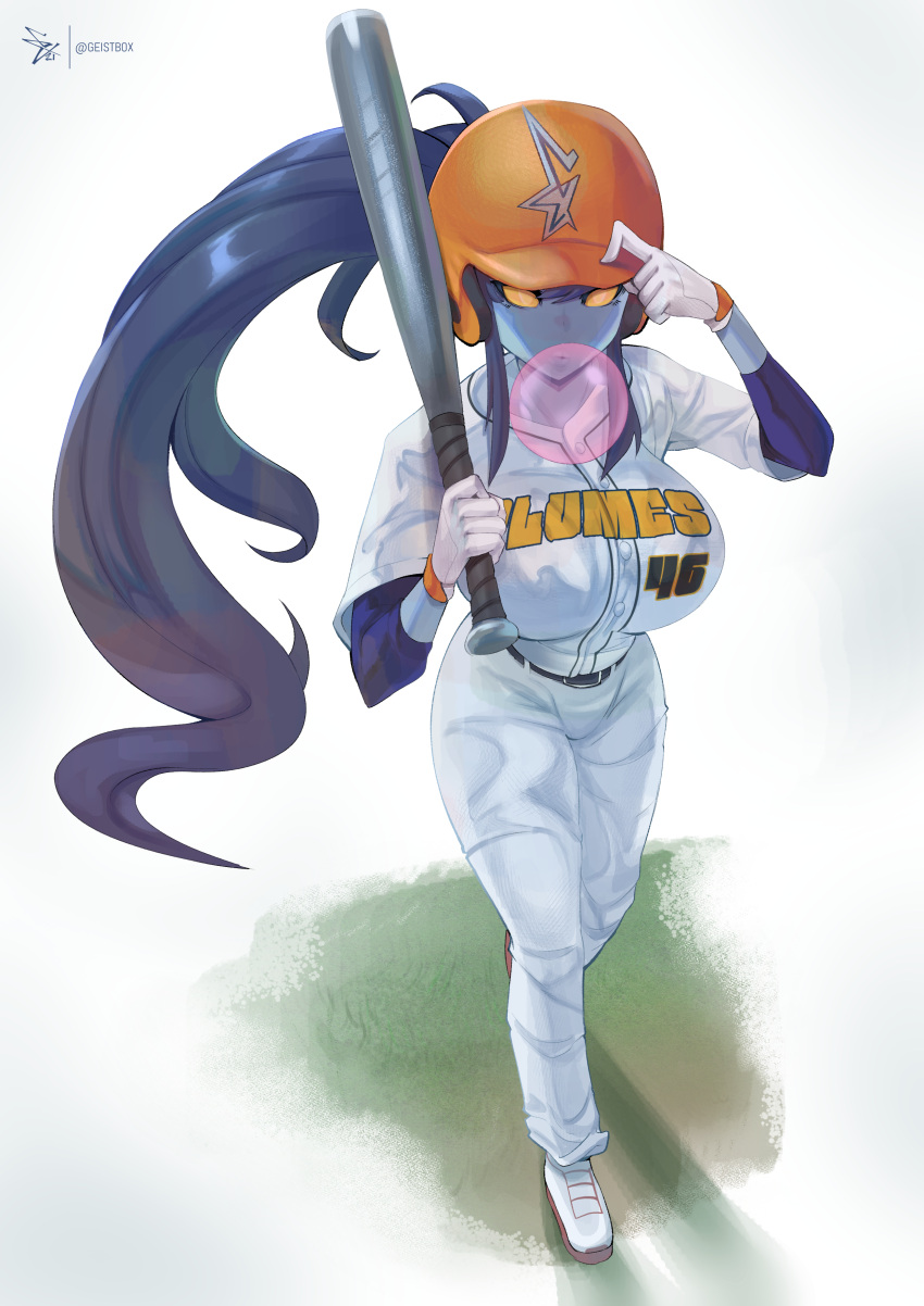 1girl absurdres adjusting_clothes adjusting_headwear baseball baseball_bat baseball_helmet baseball_jersey baseball_uniform black_hair blue_skin breasts bubble_blowing buttons chewing_gum clothes_writing colored_sclera colored_skin english_commentary geistbox gloves hair_through_headwear helmet highres huge_breasts long_hair original pandy_(geistbox) pants solid_eyes solo sportswear very_long_hair walking white_gloves white_pants yellow_eyes yellow_sclera