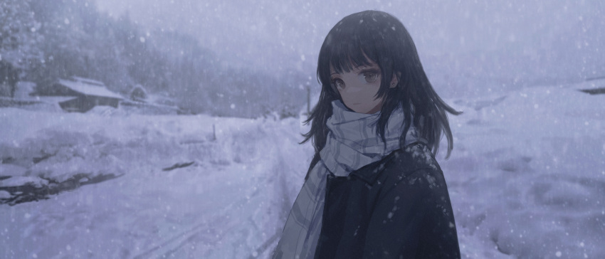 1girl bangs black_coat black_hair brown_eyes building closed_mouth coat commentary_request day earrings eyebrows_visible_through_hair fringe_trim highres jewelry long_hair looking_at_viewer original outdoors scarf snow snowing solo stud_earrings tree upper_body wang-xi white_scarf