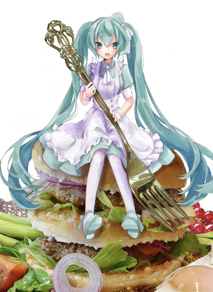 1girl apron aqua_dress aqua_eyes aqua_hair commentary dress food fork frilled_apron frilled_ribbon frills full_body hair_ribbon hamburger hatsune_miku highres holding holding_fork lettuce long_hair looking_at_viewer minigirl onion open_mouth ornate photo-referenced red_onion ribbon s_misaki short_sleeves sitting smile solo twintails very_long_hair vocaloid white_apron white_background white_legwear