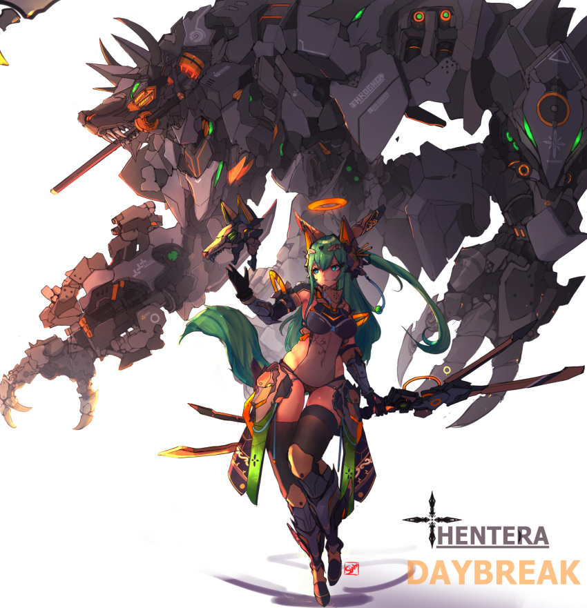 1girl blue_eyes covered_navel floating floating_hair glowing glowing_eyes green_eyes green_hair halo highres holding holding_sword holding_weapon in_mouth long_hair looking_to_the_side mecha mecha_musume open_hand original science_fiction skindentation sword syaha thick_thighs thigh-highs thighs very_long_hair weapon