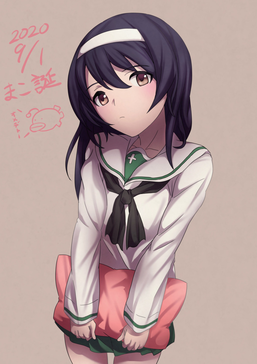 1girl 9s0ykoyama117 absurdres anglerfish bangs birthday black_hair black_neckwear blouse brown_background brown_eyes closed_mouth commentary cowboy_shot dated emblem frown girls_und_panzer green_skirt hairband head_tilt highres holding holding_pillow long_hair long_sleeves looking_at_viewer miniskirt neckerchief ooarai_school_uniform pillow pleated_skirt reizei_mako sailor_collar school_uniform serafuku simple_background skirt solo standing translated white_blouse white_hairband white_sailor_collar