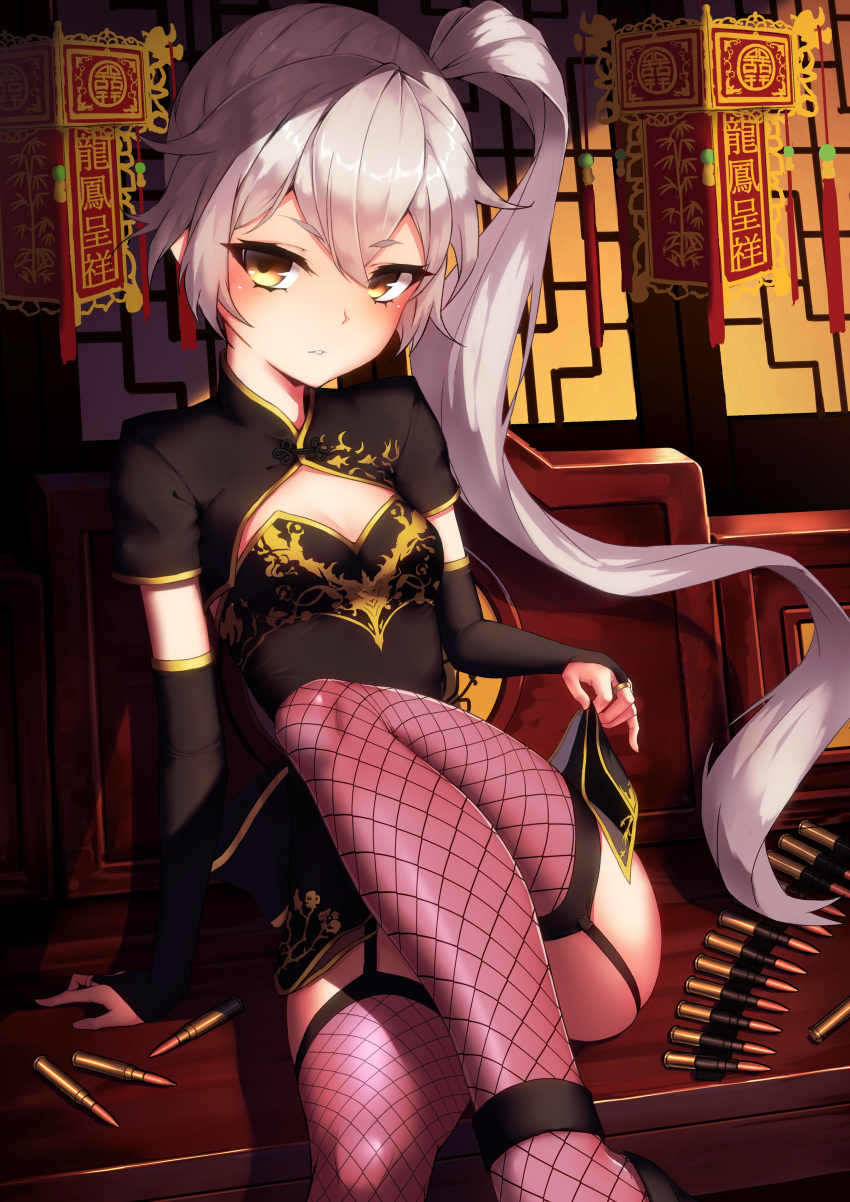 1girl absurdres alternate_costume ammunition ammunition_belt arm_warmers black_dress breasts brown_legwear china_dress chinese_clothes dress fishnet_legwear fishnets girls_frontline gold_trim highres knee_up lantern lifted_by_self long_hair looking_at_viewer pelvic_curtain pkp_(girls_frontline) ryuinu short_dress short_sleeves side_ponytail sitting small_breasts solo thigh-highs very_long_hair white_hair yellow_eyes