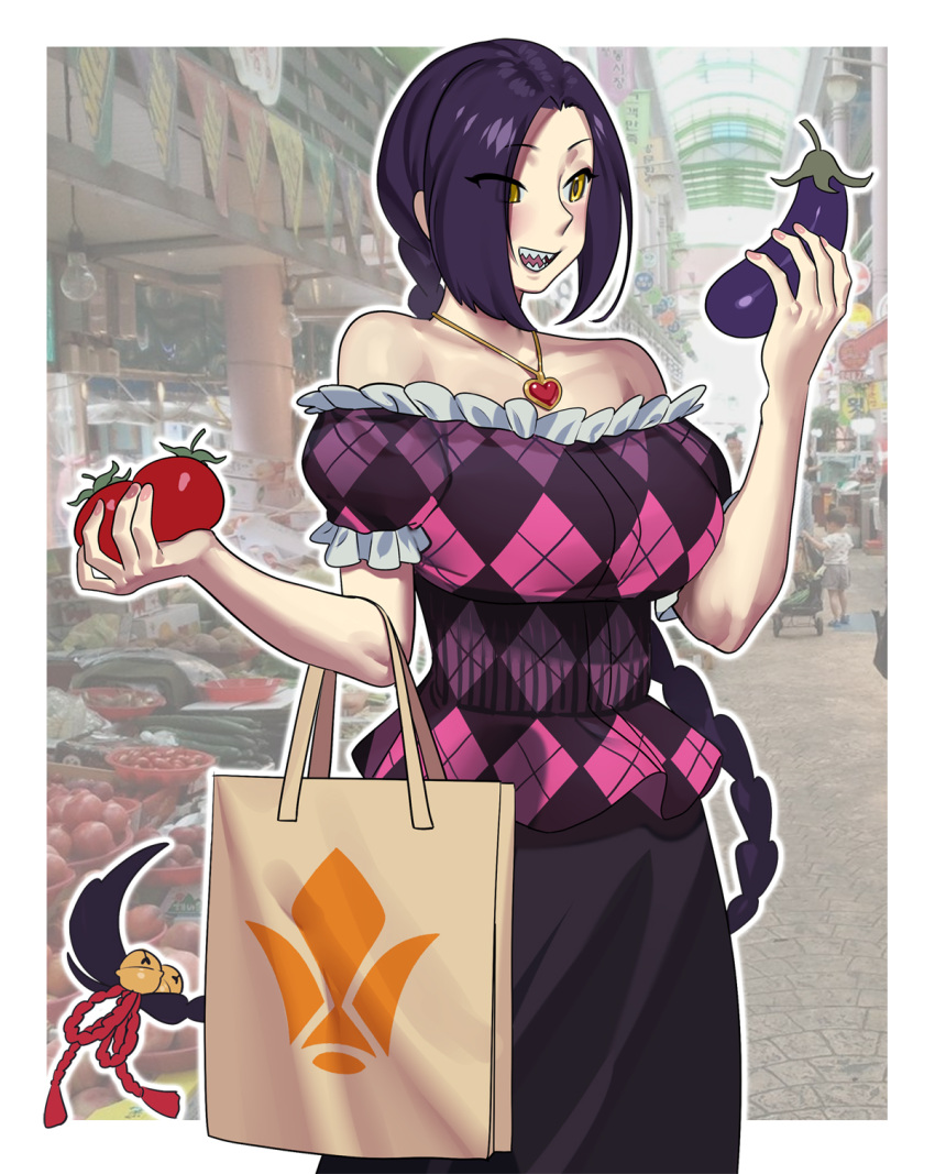 1girl argyle bag bare_shoulders bell black_skirt braid breasts chikujouin_magane eggplant eyes_visible_through_hair food hair_bell hair_ornament highres housewife jewelry mature necklace nia_(nia4294) open_mouth photo_background purple_hair re:creators sharp_teeth shopping shopping_bag sidelocks single_braid skirt smile teeth tomato vegetable yellow_eyes