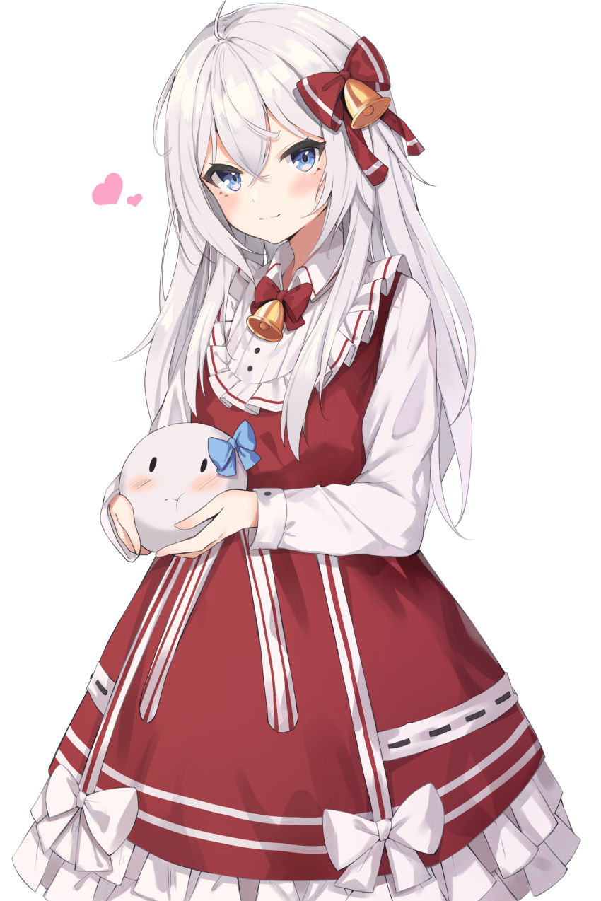1girl :t ahoge bangs bell blue_bow blue_hair blush bow closed_mouth collared_shirt commentary_request copyright_request crossed_bangs dress frilled_dress frills hair_bell hair_between_eyes hair_bow hair_ornament heart highres holding long_hair long_sleeves looking_at_viewer red_bow red_dress shirt silver_hair simple_background sleeveless sleeveless_dress smile solo very_long_hair virtual_youtuber white_background white_bow white_shirt xiao_lin_jiu