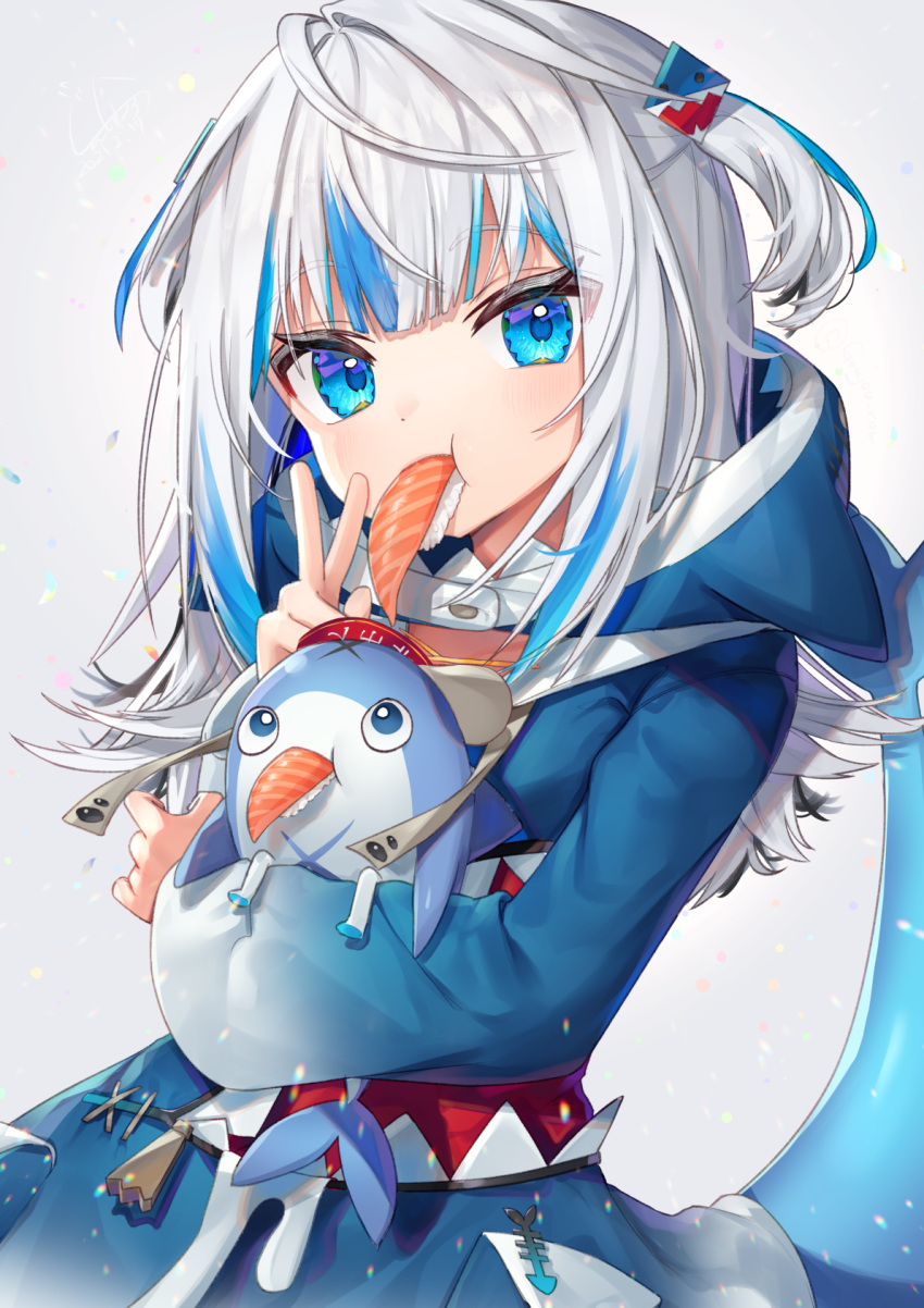 1girl animal arms_up bloop_(gawr_gura) blue_eyes blue_hoodie commentary_request fish_tail food food_in_mouth gawr_gura grey_background gunjou_row hair_ornament head_tilt highres holding holding_animal hololive hololive_english hood hood_down hoodie leaning_back long_sleeves looking_at_viewer multicolored_hair nigirizushi partial_commentary shark_hair_ornament shark_tail short_hair shrimp simple_background solo standing streaked_hair sushi tail two_side_up upper_body v virtual_youtuber white_hair
