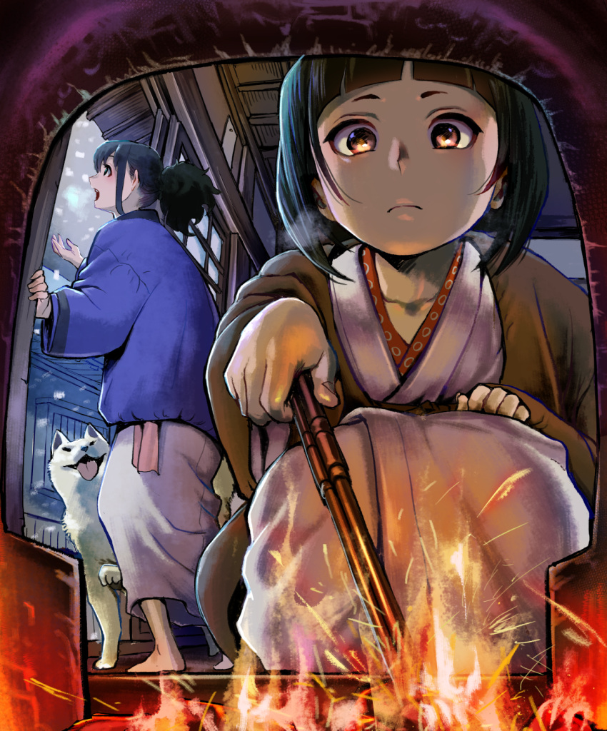 animal bangs barefoot black_eyes black_hair breath closed_eyes collarbone dog fire fireplace gesogeso highres holding holding_stick japanese_clothes kimono long_hair looking_at_viewer open_door open_mouth original pov sliding_doors snow snowing sparks squatting steam stick tied_hair yellow_eyes