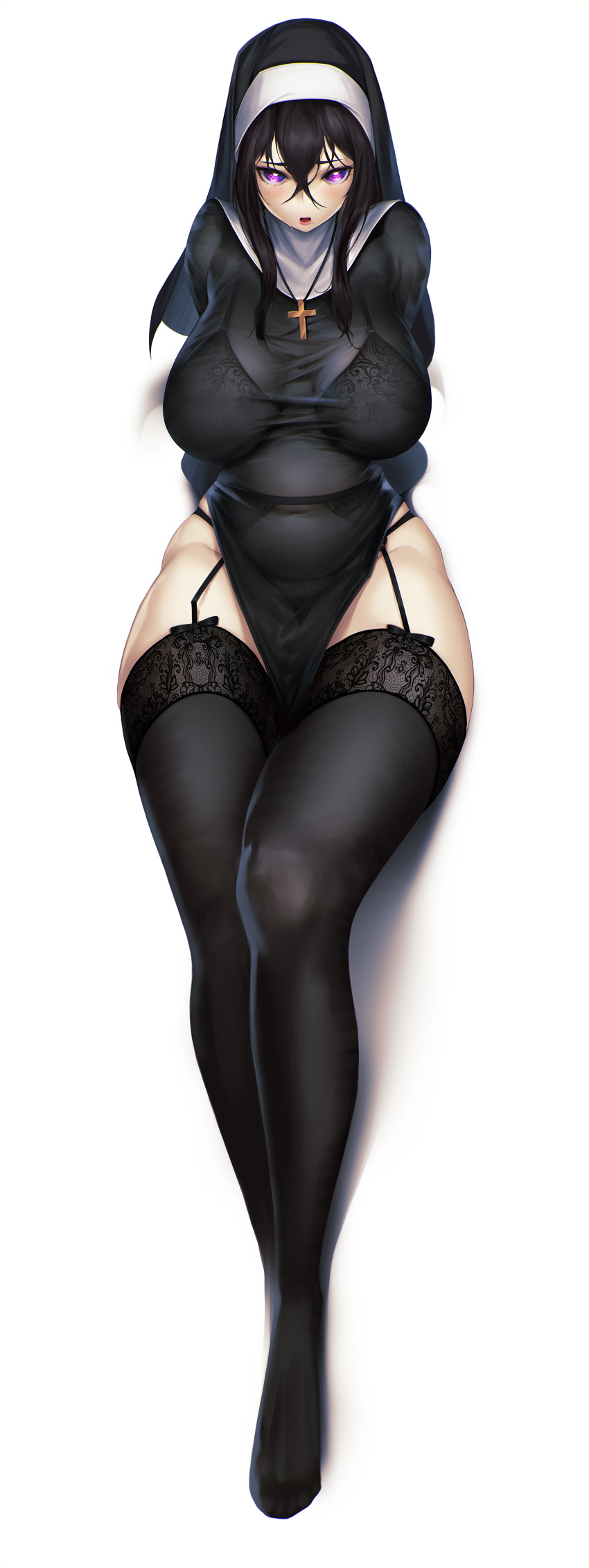 1girl absurdres black_bra black_dress black_hair black_legwear black_panties blueorca bra breasts covered_navel cross cross_necklace dress full_body garter_belt glowing glowing_eyes hair_between_eyes highres jewelry lace-trimmed_bra lace-trimmed_legwear lace_trim large_breasts long_hair necklace nun original panties plump robe see-through simple_background solo thigh-highs underwear veil violet_eyes white_background