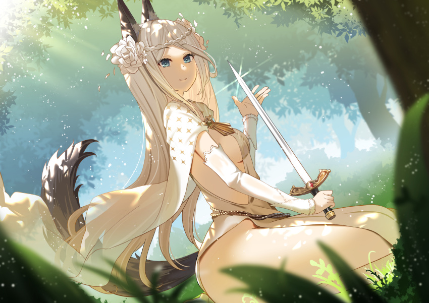 1girl animal_ear_fluff animal_ears bangs bare_hips blue_eyes braid breasts cape day detached_sleeves dress dutch_angle eyebrows_visible_through_hair flower forest fox_ears fox_girl fox_tail from_side hair_flower hair_ornament highres holding holding_sword holding_weapon long_hair long_sleeves looking_at_viewer medium_breasts nature nishitaka no_bra no_panties olivia_(pride_of_eden) outdoors parted_bangs red:_pride_of_eden sash seiza sideboob sitting smile solo sword tail weapon white_cape white_dress white_flower white_hair white_sleeves wind