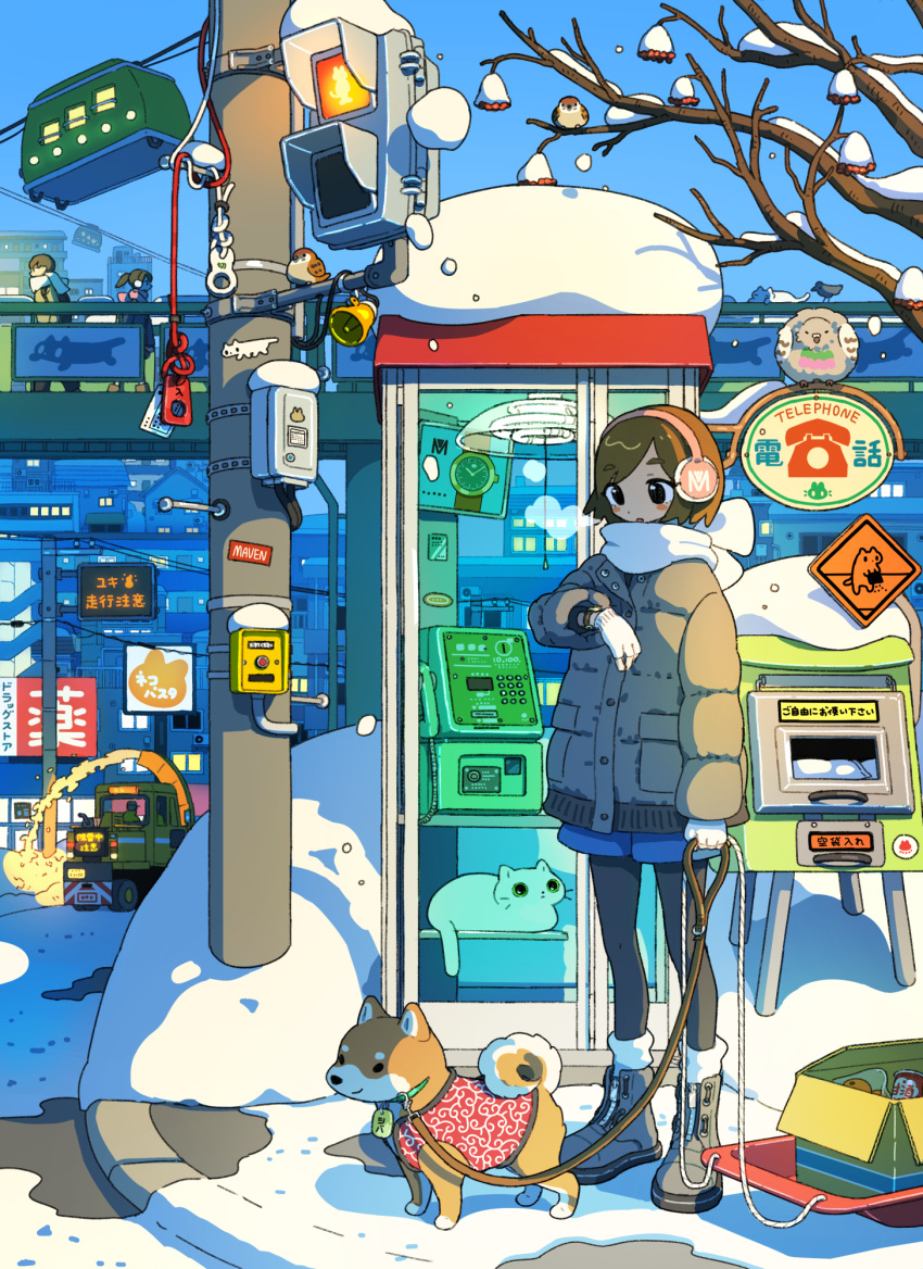 1girl blue_sky boots brown_coat brown_hair cat coat dog earmuffs gloves grey_footwear ground_vehicle highres leash long_sleeves original outdoors road shadow shiba_inu short_sleeves sign sky snow solo standing tao_(tao15102) tree watch watch white_gloves wide_shot