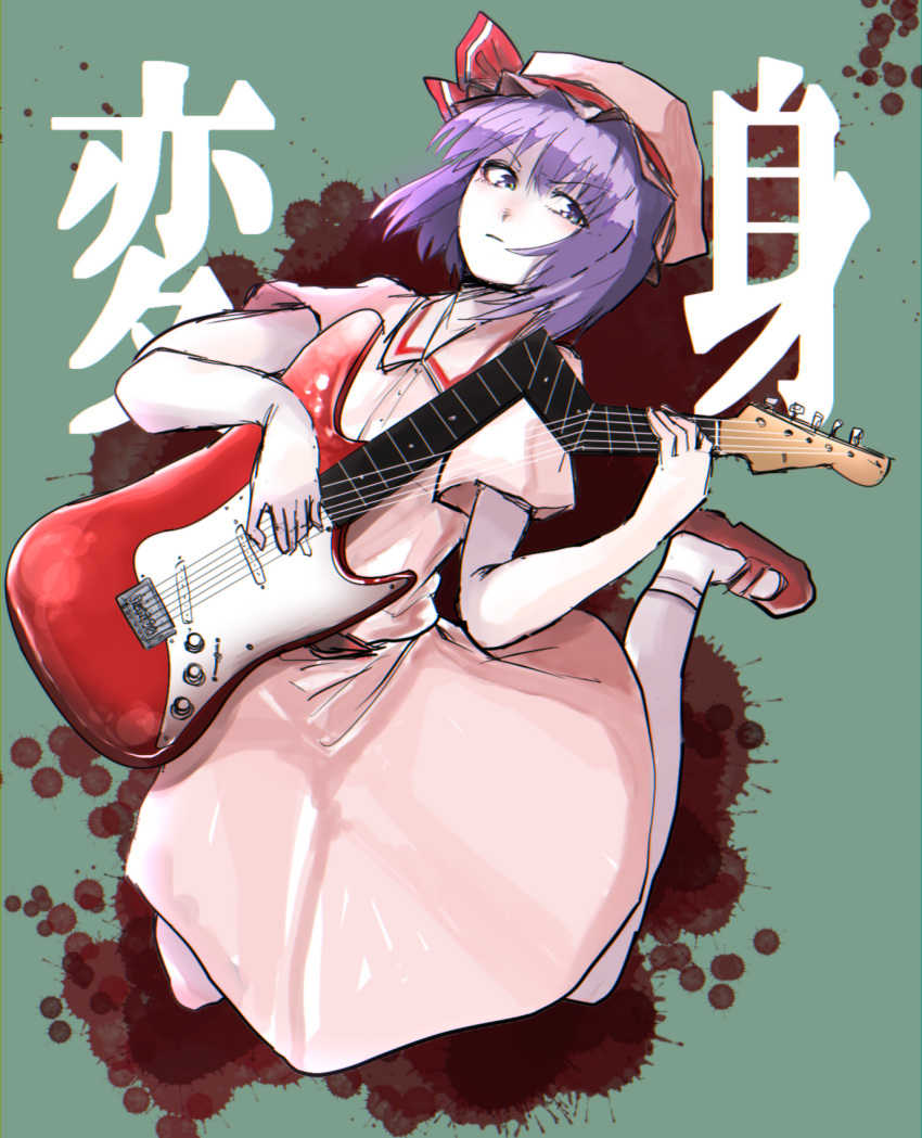 1girl bangs blood blood_splatter buttons closed_mouth collared_dress commentary_request cookie_(touhou) dress electric_guitar eyebrows_visible_through_hair frown full_body green_background guitar hat hat_ribbon highres hisaka_(cookie) holding holding_instrument instrument jumping looking_to_the_side mary_janes mob_cap music niconico_id pink_dress playing_instrument purple_hair red_footwear red_ribbon remilia_scarlet ribbon shimosuke shoes short_hair short_sleeves socks solo touhou violet_eyes white_legwear