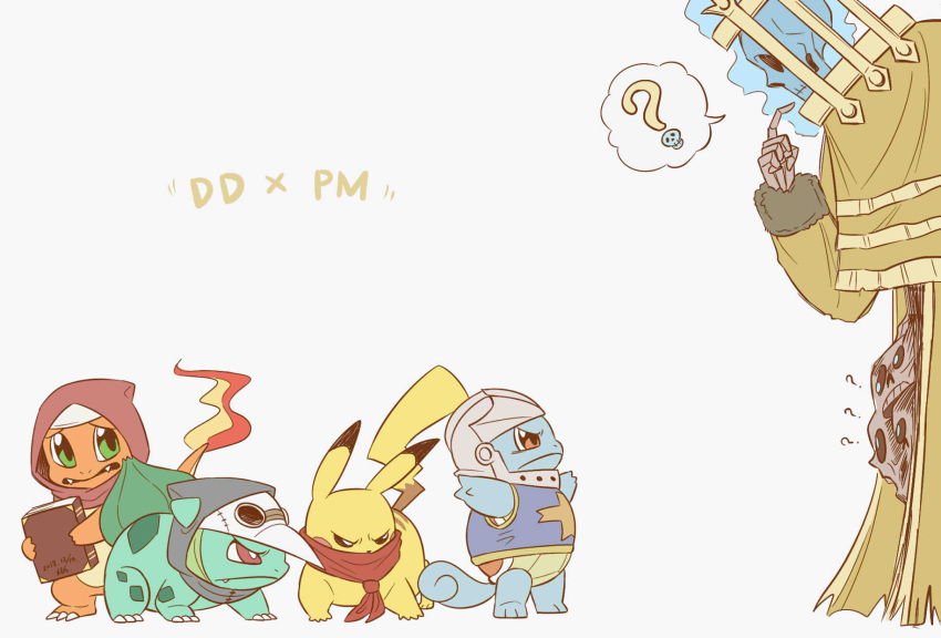 ? armor bulbasaur character_request charmander clothed_pokemon cosplay crossover crusader_(darkest_dungeon) crusader_(darkest_dungeon)_(cosplay) darkest_dungeon gen_1_pokemon habit helmet highres highwayman_(darkest_dungeon) highwayman_(darkest_dungeon)_(cosplay) lizard_taro pikachu plague_doctor_(darkest_dungeon) plague_doctor_mask pokemon pokemon_(creature) scarf skull spoken_question_mark squirtle starter_pokemon starter_pokemon_trio the_collector_(darkest_dungeon) vestal_(darkest_dungeon) vestal_(darkest_dungeon)_(cosplay)