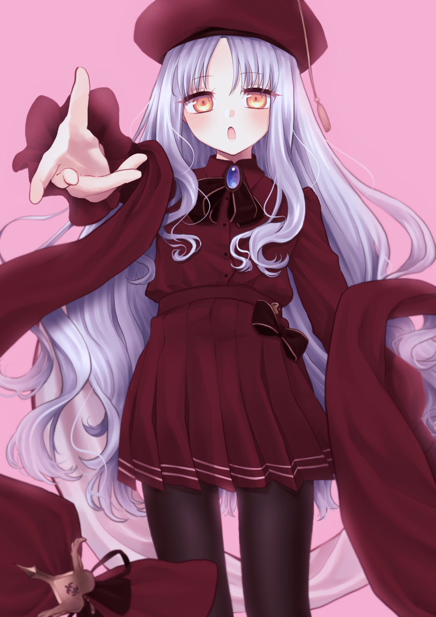 1girl absurdres bangs beret black_legwear blush breasts brooch caren_hortensia caren_hortensia_(amor_caren) dress fate/grand_order fate_(series) hat highres jewelry long_hair long_sleeves looking_at_viewer nakamura_chan neck_ribbon open_mouth outstretched_arm pantyhose red_dress red_headwear ribbon shawl small_breasts thighs wavy_hair white_hair yellow_eyes