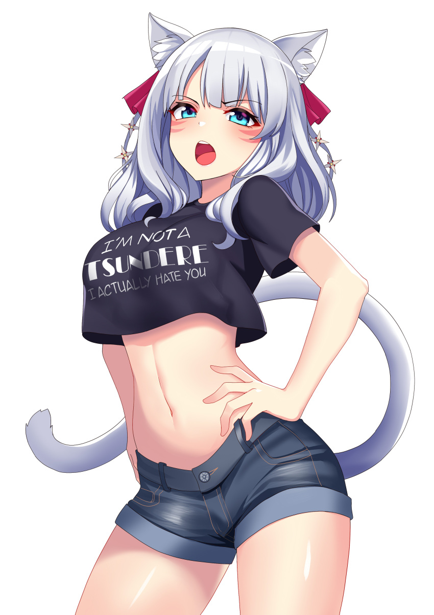 1girl :o absurdres animal_ear_fluff animal_ears black_shirt blue_eyes blue_shorts breasts cat_ears cat_girl cat_tail clothes_writing contrapposto cowboy_shot crop_top crop_top_overhang denim denim_shorts derivative_work facial_mark final_fantasy final_fantasy_xiv frown hair_ornament hair_ribbon hands_on_hips highres long_hair looking_at_viewer medium_breasts midriff miqo'te navel open_mouth ribbon rifqiaji shirt short_shorts short_sleeves shorts silver_hair simple_background solo standing stomach tail tail_raised v-shaped_eyebrows white_background