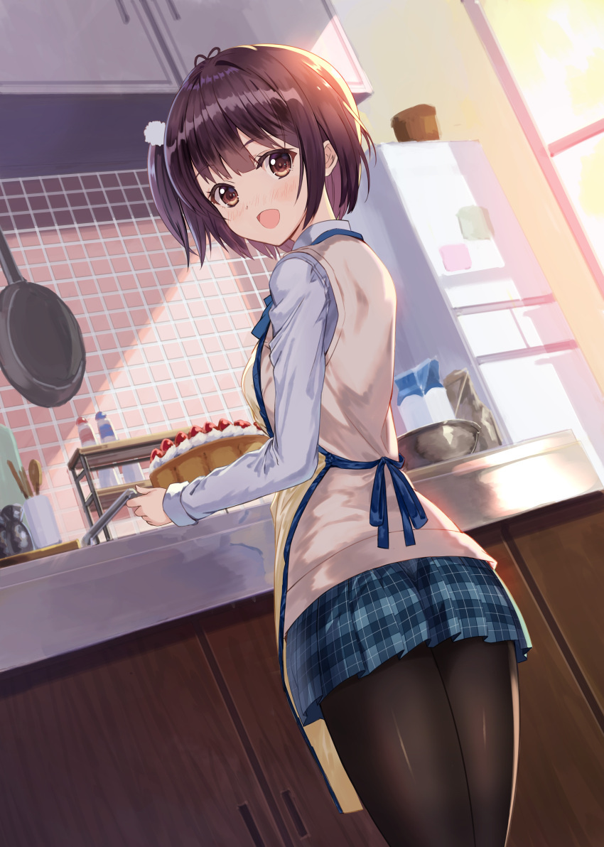 1girl :d absurdres apron bangs black_legwear blue_skirt blush breasts brown_apron brown_eyes brown_hair cake commentary_request eyebrows_visible_through_hair food from_behind fruit frying_pan highres indoors long_sleeves looking_at_viewer looking_back nose_blush one_side_up open_mouth original pantyhose plaid plaid_skirt pleated_skirt refrigerator shirt short_hair skirt small_breasts smile solo strawberry sweater_vest tile_wall tiles tsumiwara white_shirt window
