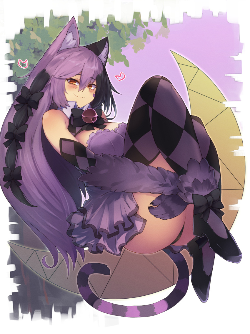 1girl animal_ear_fluff animal_ears argyle argyle_legwear bangs bare_shoulders bell black_bow black_hair blush bow breasts brown_eyes cat_ears cat_girl cat_tail cheshire_cat_(monster_girl_encyclopedia) claws commentary eyebrows_visible_through_hair full_body fur hair_between_eyes hair_bow heart highres jingle_bell large_breasts leg_hug long_hair looking_at_viewer monster_girl monster_girl_encyclopedia multicolored_hair paws purple_fur purple_hair smile solo striped_tail symbol_commentary tail thigh-highs two-tone_hair very_long_hair yonaga