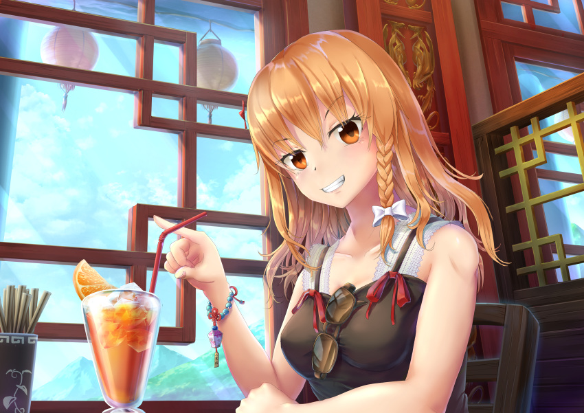 1girl absurdres alternate_costume azusa_(cookie) bangs black_dress blonde_hair blue_sky blush bow bracelet braid breasts chair chopsticks clouds cocktail commentary_request cookie_(touhou) day dress drinking_straw eyebrows_visible_through_hair eyewear_hang eyewear_removed food fruit glasses grin highres indoors jewelry kirisame_marisa lantern looking_at_viewer medium_breasts medium_hair mountain no_headwear orange orange_juice paper_lantern pointing red_ribbon ribbon shiny shiny_hair shiny_skin single_braid sitting sky sleeveless sleeveless_dress smile solo touhou upper_body white_bow window yatsukahagi