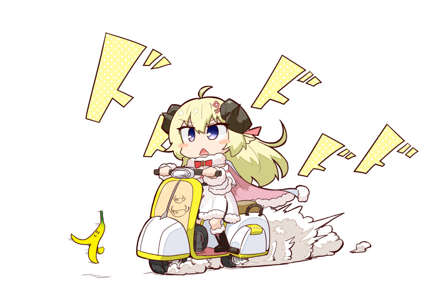 1girl animal_ears banana_peel bangs blonde_hair blue_eyes blush_stickers chibi city_tripper commentary_request dress eyebrows_visible_through_hair fur-trimmed_dress fur_trim ground_vehicle hair_between_eyes hair_ornament hairclip highres hololive horns kuroshiro1011 long_hair super_mario_bros. mario_kart mario_kart_8 motion_lines motor_vehicle riding scooter sheep_girl sheep_horns solo triangle_mouth tsunomaki_watame v-shaped_eyebrows virtual_youtuber white_dress