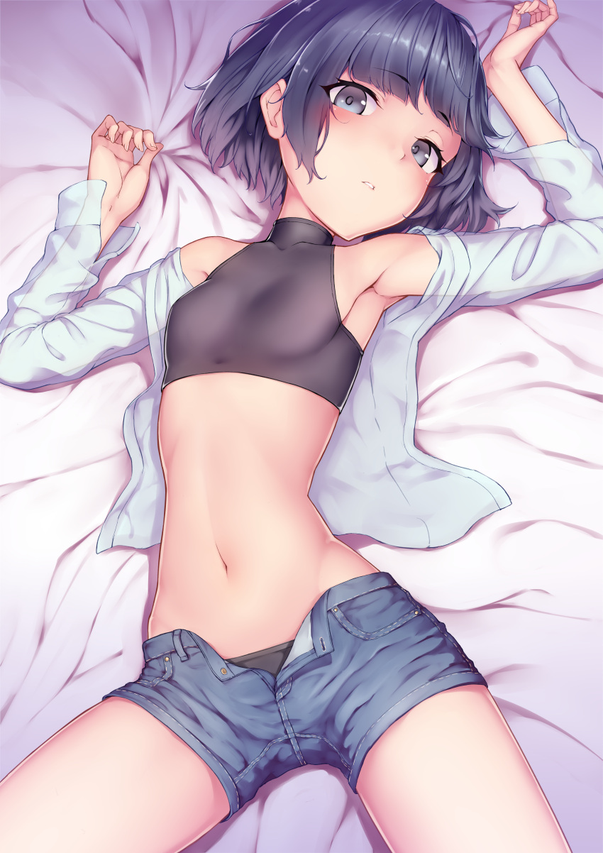 1girl absurdres armpits arms_up bare_shoulders bed_sheet black_hair black_panties black_shirt blue_shorts breasts denim denim_shorts grey_eyes highres long_sleeves looking_at_viewer lying midriff navel on_back on_bed open_clothes open_fly open_shirt original panties parted_lips ryuinu see-through shirt short_hair short_shorts shorts sleeveless sleeveless_turtleneck small_breasts solo spread_legs stomach thighs turtleneck underwear white_shirt