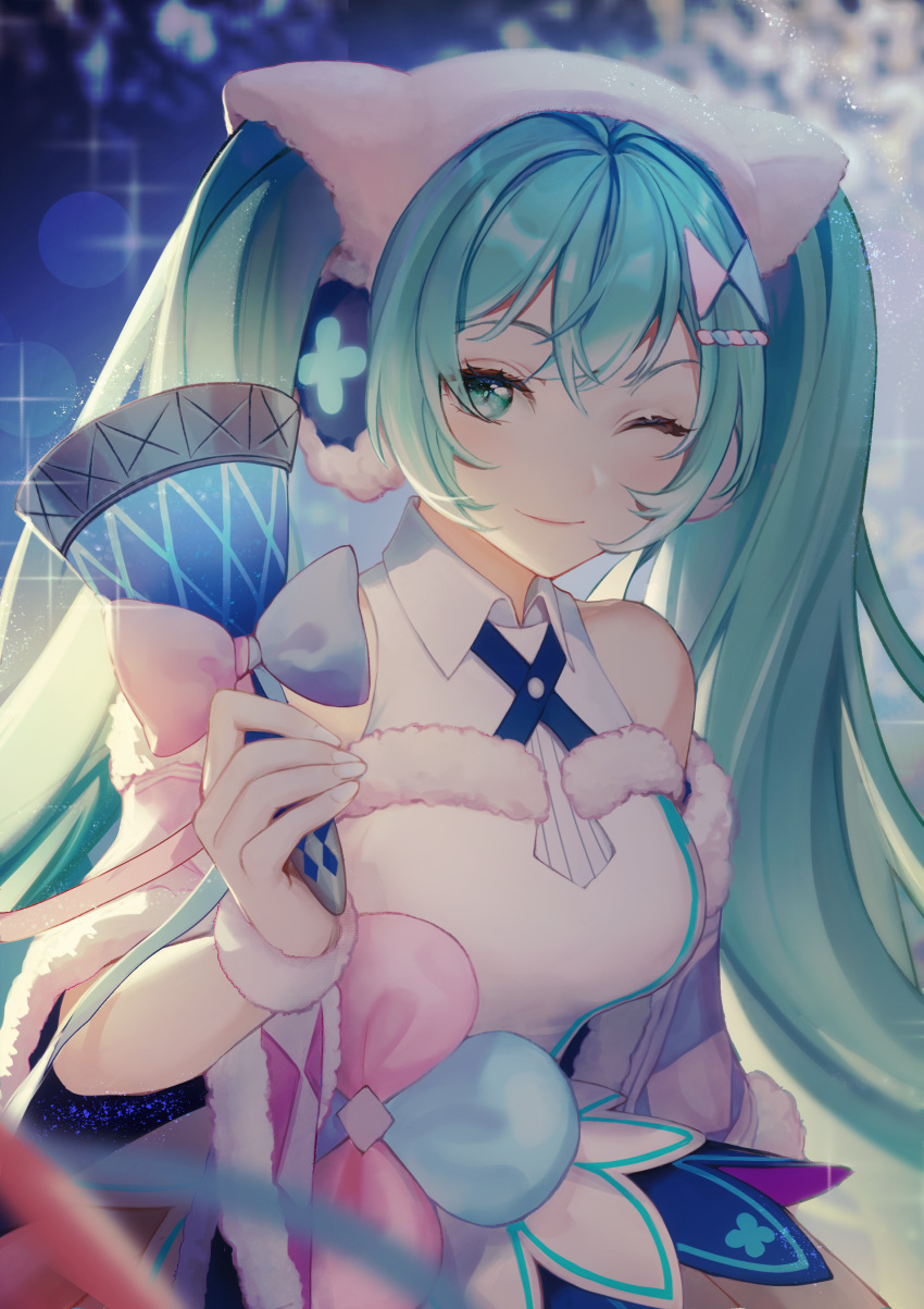 1girl ;) absurdres ant_(4567891011) bangs bare_shoulders bell blue_bow blue_capelet blue_skirt blurry blurry_background blurry_foreground bow breasts capelet collared_shirt commentary_request depth_of_field earmuffs eyebrows_behind_hair fur-trimmed_capelet fur_trim green_eyes green_hair hair_between_eyes hand_up hatsune_miku highres holding holding_bell long_hair magical_mirai_(vocaloid) medium_breasts miku_symphony_(vocaloid) one_eye_closed pink_bow pink_capelet shirt skirt sleeveless sleeveless_shirt smile solo sparkle twintails very_long_hair vocaloid white_shirt
