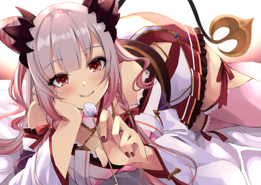 1girl amamiya_ui bare_shoulders blush braid breasts closed_mouth cowboy_shot demon_girl demon_tail double_bun eyebrows_visible_through_hair eyelashes gradient_hair grey_hair head_rest hip_vent honey_strap horns japanese_clothes large_breasts long_hair looking_at_viewer lying mimikaki multicolored_hair nail_polish off_shoulder on_stomach pink_hair pink_legwear red_eyes red_nails red_skirt redhead side_braids silver_hair skirt smile solo suou_patra tail thigh-highs twin_braids twisted_torso virtual_youtuber
